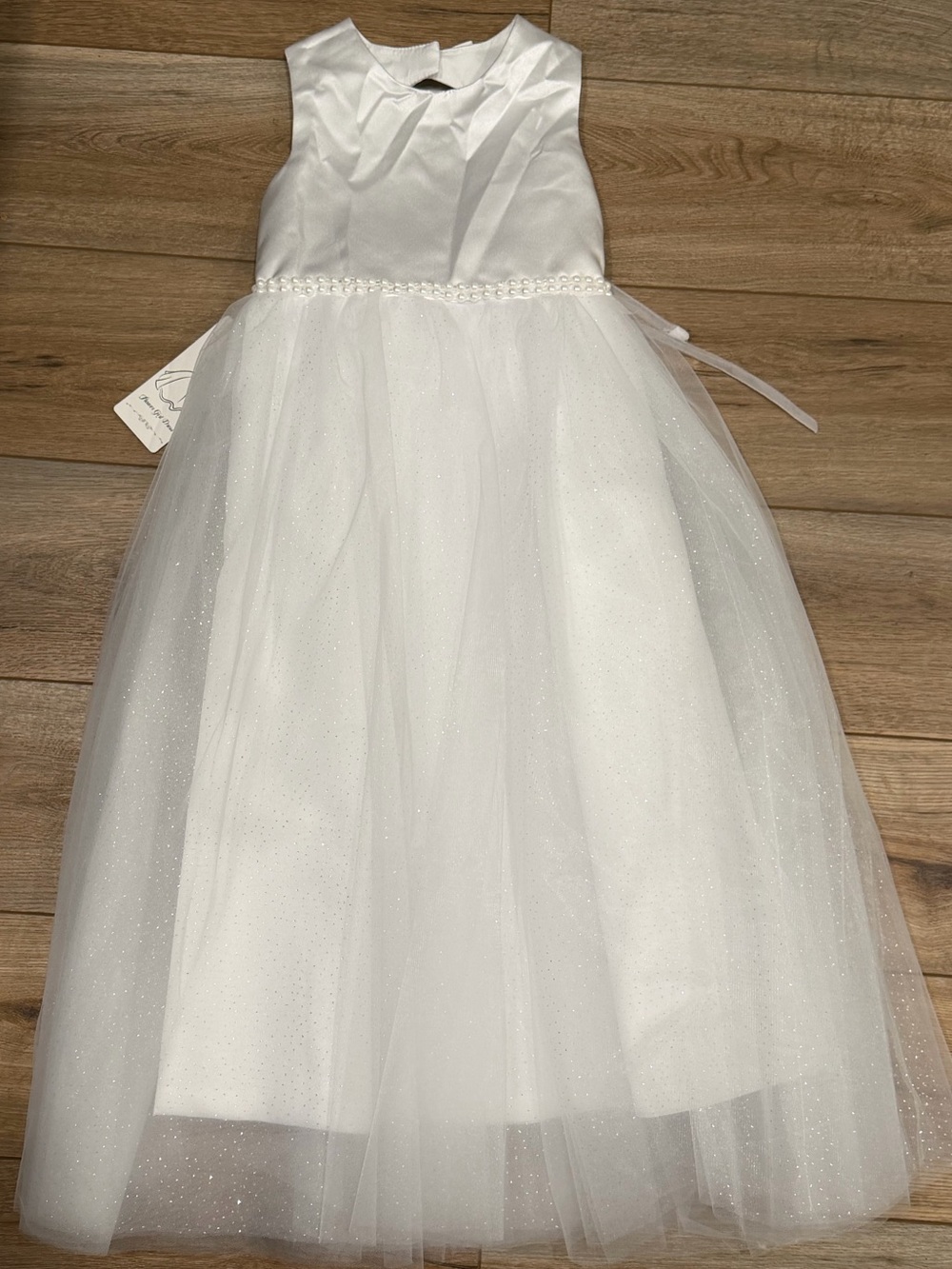 White Tulle Flower Girl Dress with Pearl Waist - Sz.6T